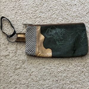 Custom one of a kind Green and Gold Unisex Wristlet Pouch